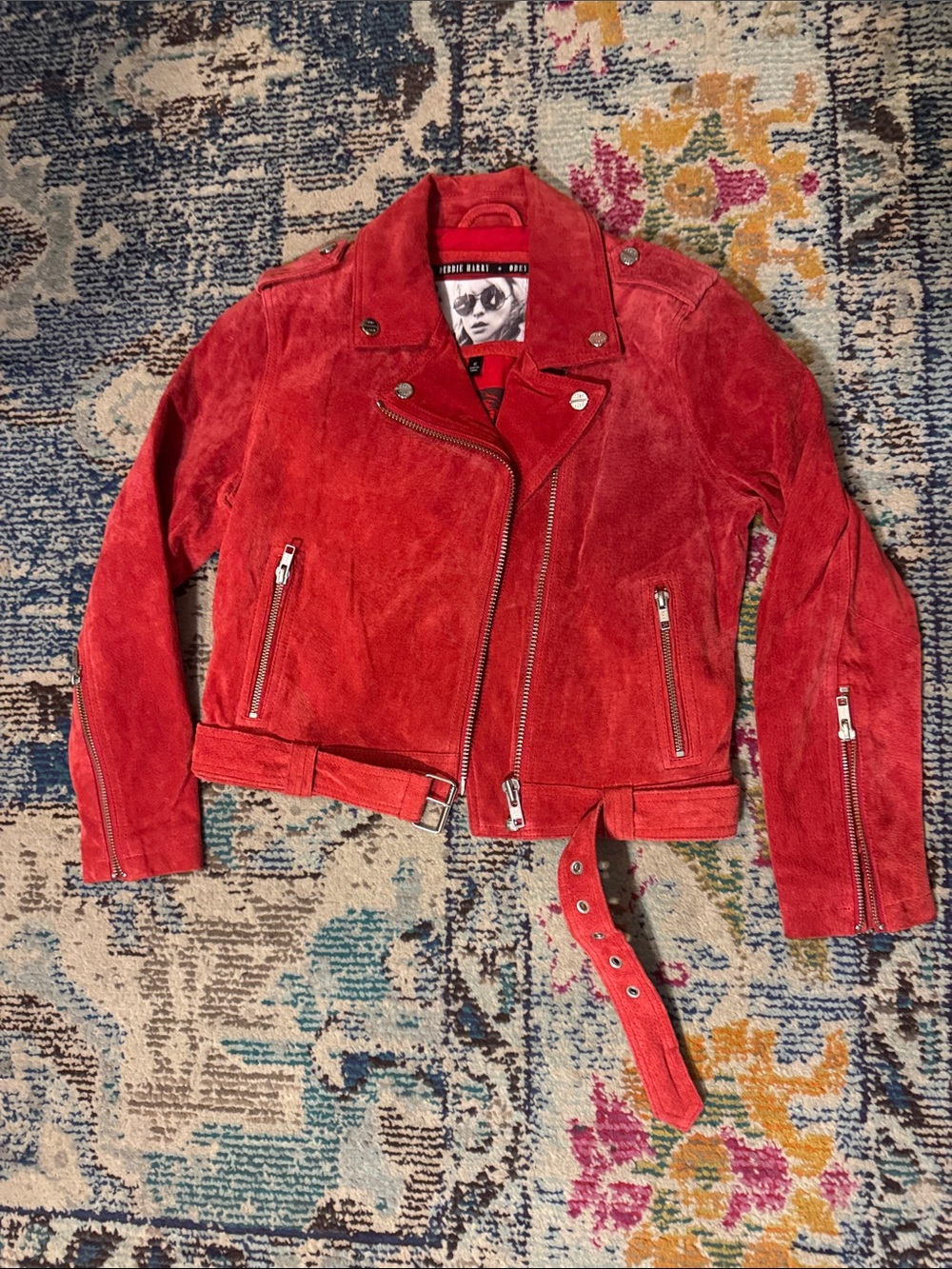 Obey x Debbie Harry Red Suede Asymmetric Moto Jacket